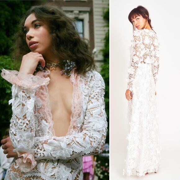 LoveShackFancy Sylvester Gown 3D Floral Applique Lace White Maxi Dress Size 10 L - Picture 1 of 16